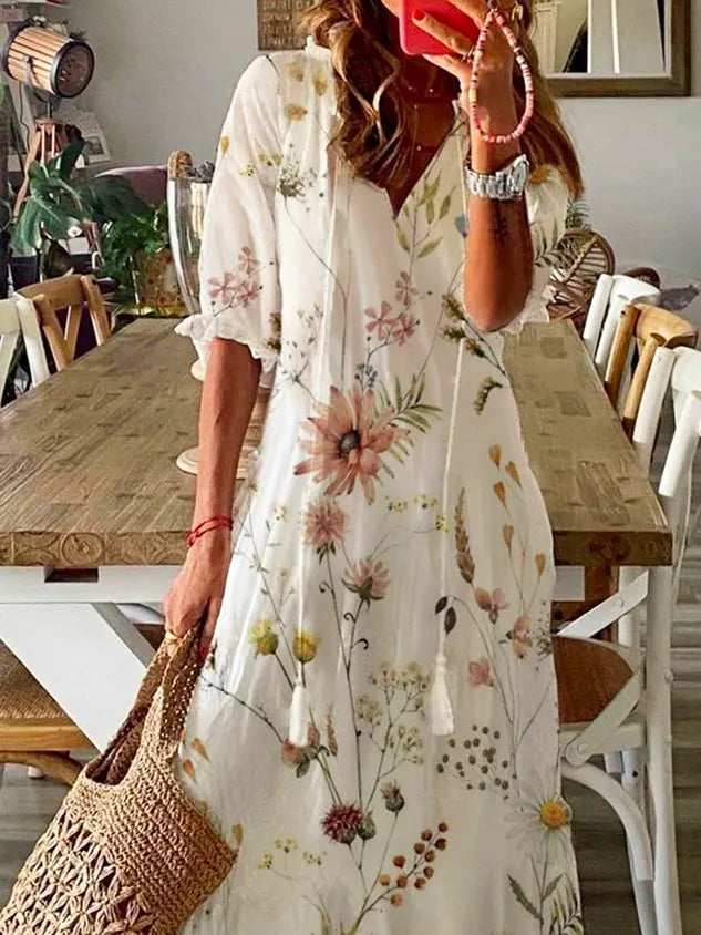 Floral Casual V Neck Tassel Loose Dress