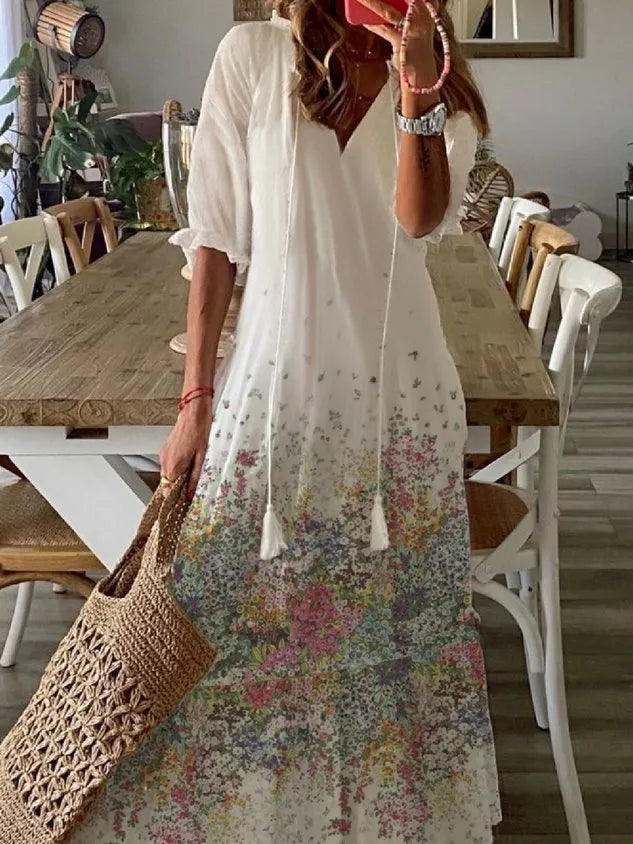 Women's A Line Dress Maxi Dress Casual V neck Floral Short Sleeve Loosen Dress