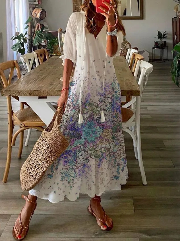 Women's A Line Dress Maxi Dress Casual V neck Floral Short Sleeve Loosen Dress