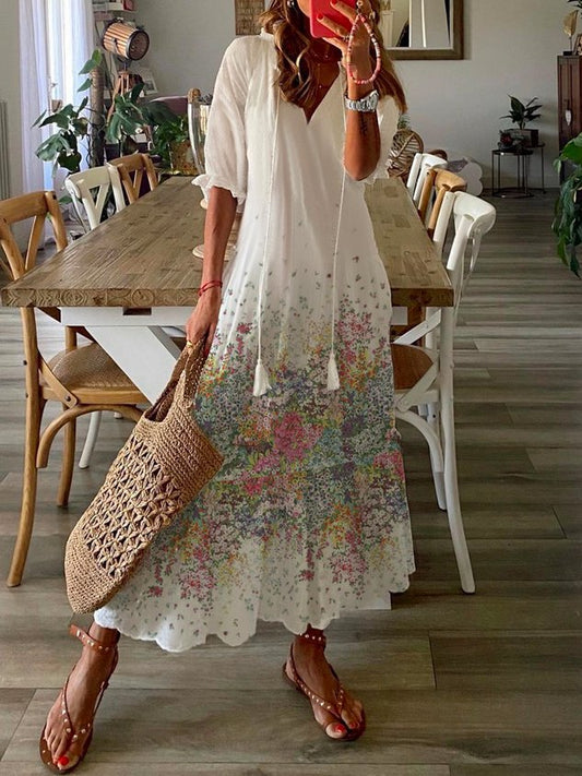 Women's A Line Dress Maxi Dress Casual V neck Floral Short Sleeve Loosen Dress