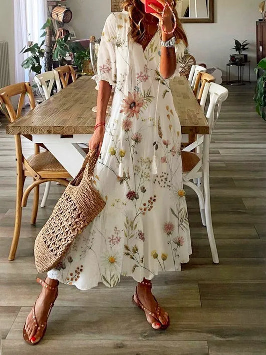 Floral Casual V Neck Tassel Loose Dress