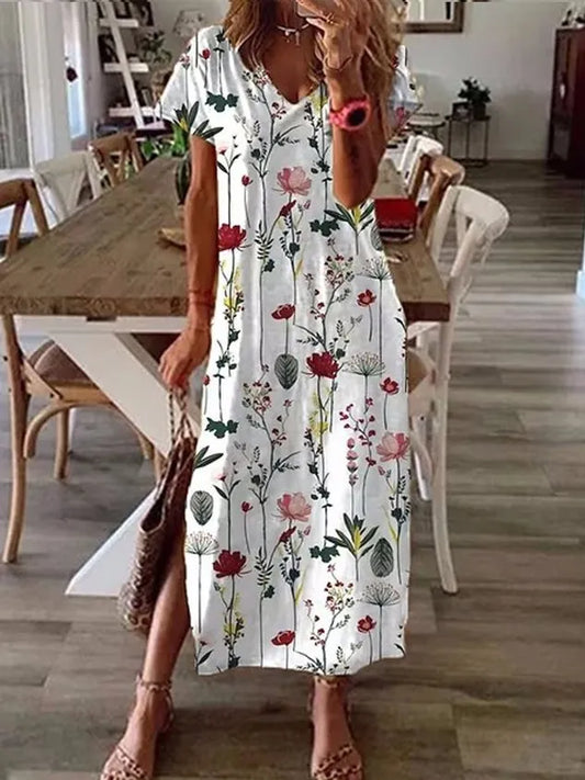 Jersey Floral Printed Casual V-neck Loose Dress