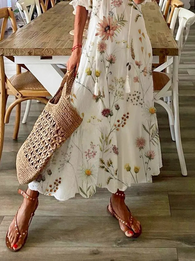 Floral Casual V Neck Tassel Loose Dress