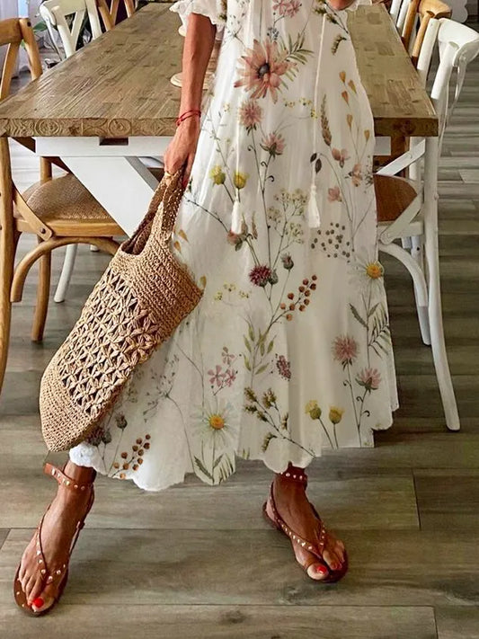 Floral Casual V Neck Tassel Loose Dress